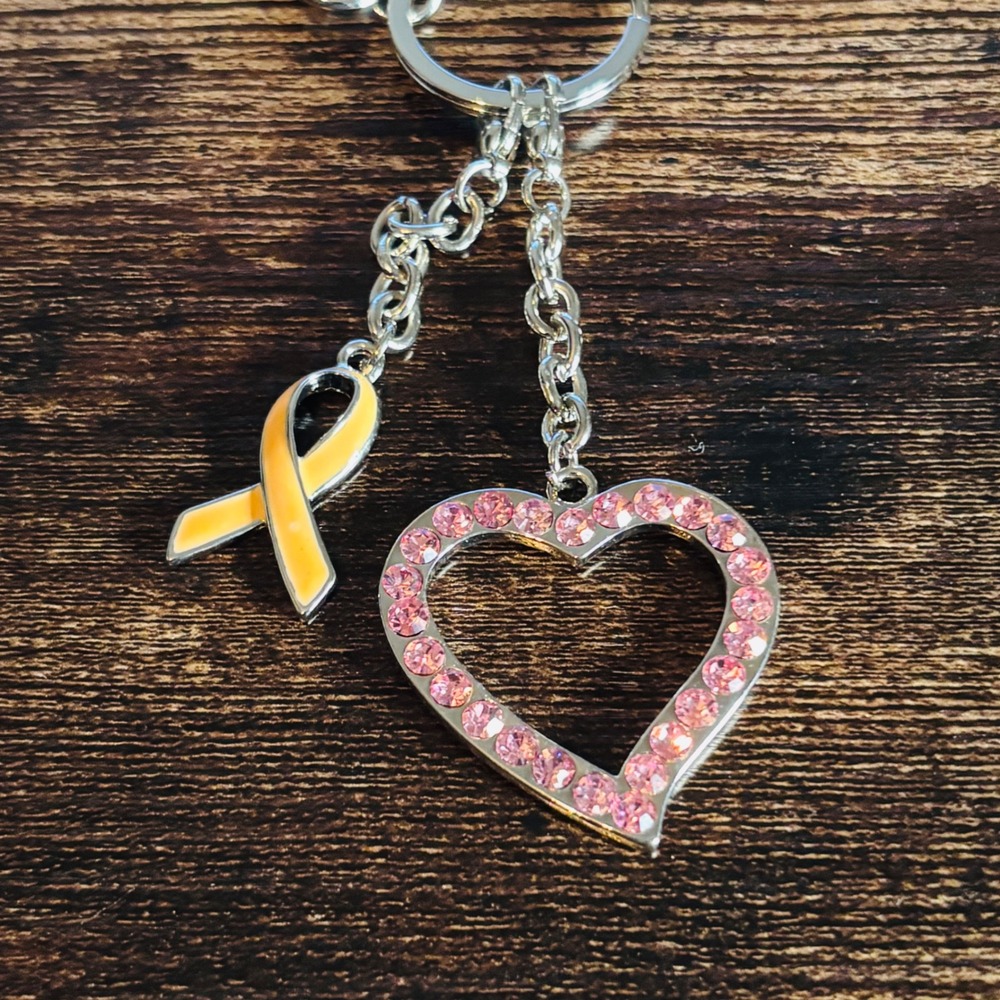 Yellow Awareness Ribbon Heart Keychain Pink Rhinestone Silver Tone Bag Charm NEW